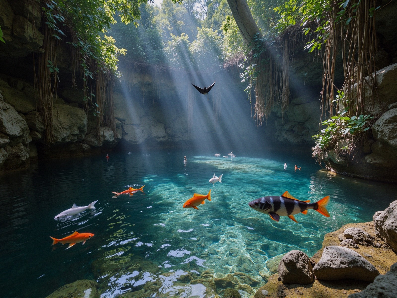 Serene Hidden Lagoon with Colorful Fish and Foliage