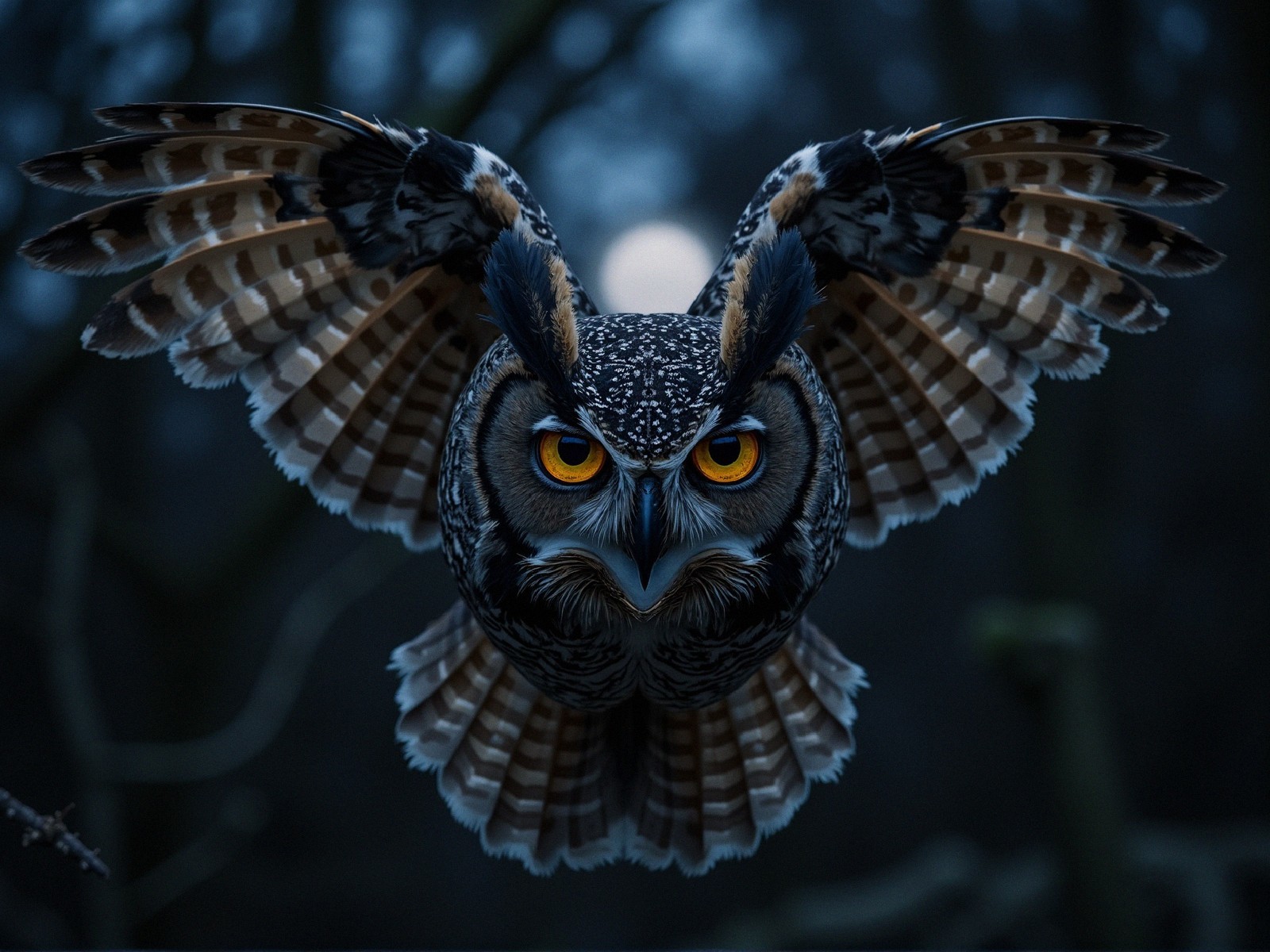 Majestic Owl Soaring in Twilight Forest Shadows