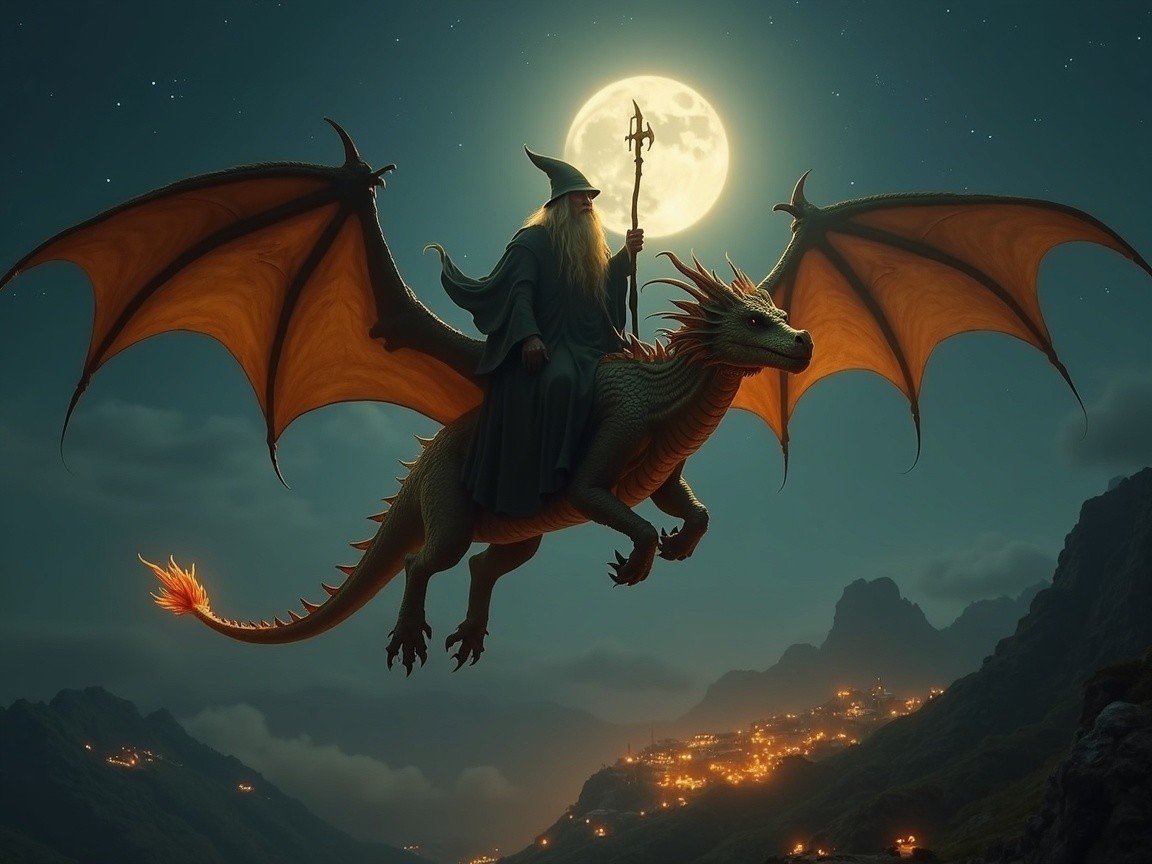Dragon with Glowing Wings and Wizard in Moonlit Sky