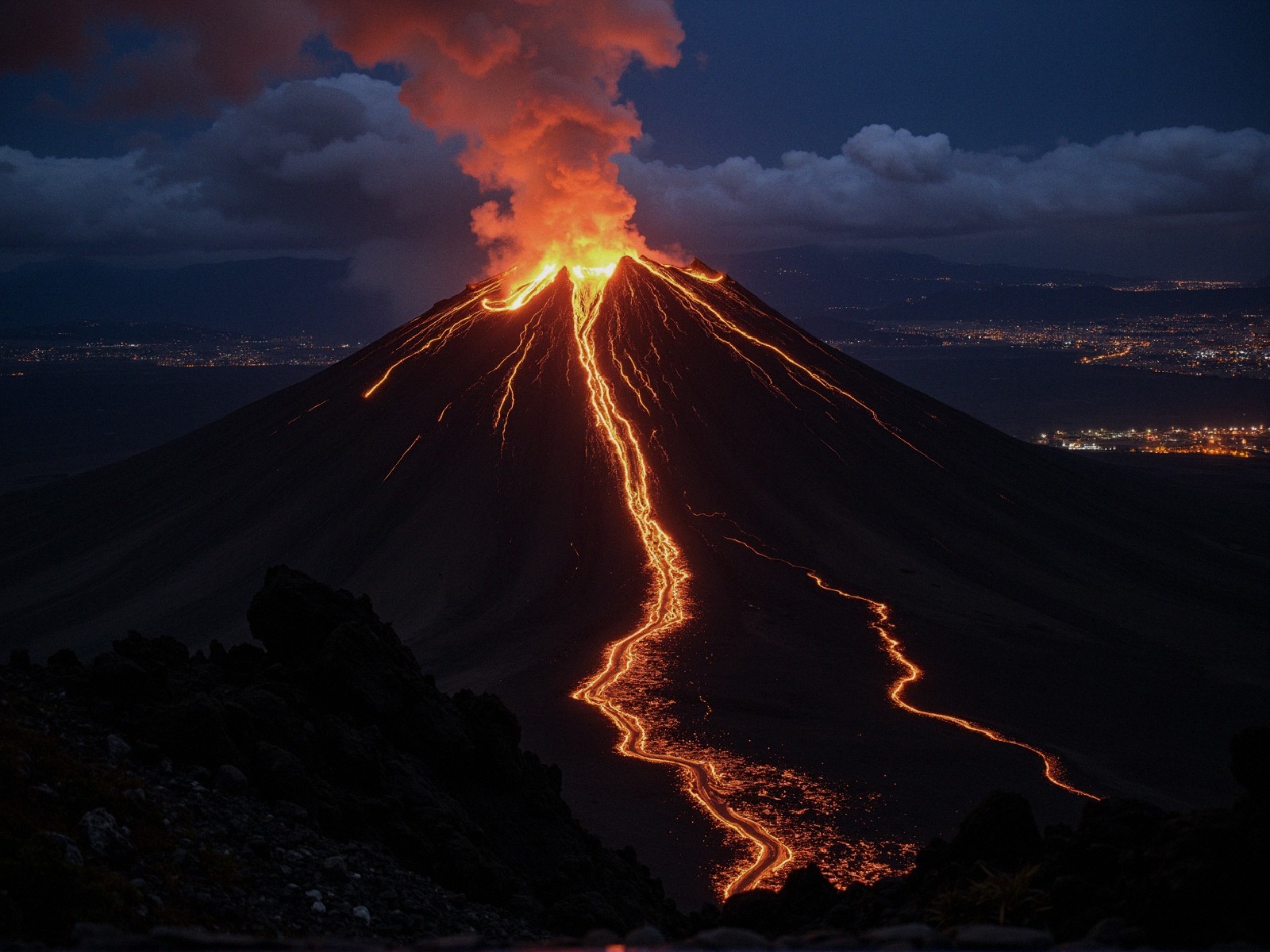 Nighttime Volcanic Eruption with Flowing Lava and City Lights