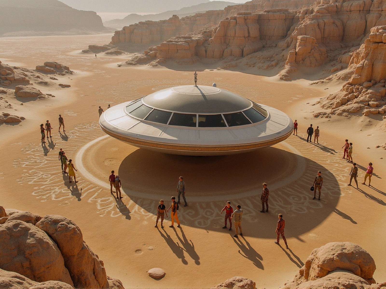Futuristic Spaceship in Desert Landscape with People