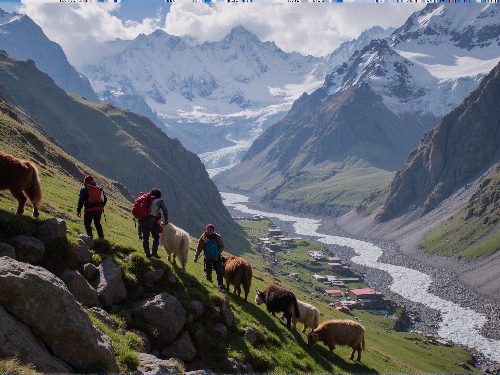 Mountain Landscape with Hikers and Cattle in Valley