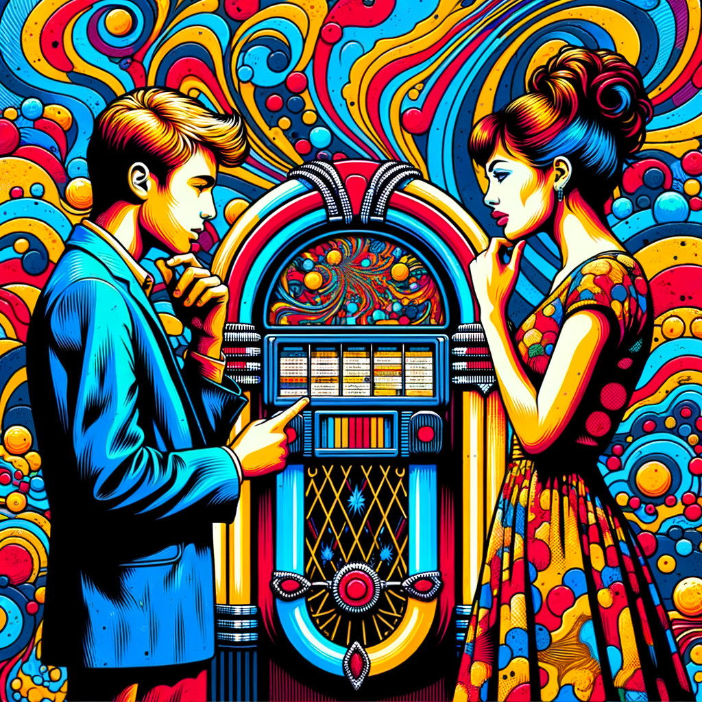 Vibrant Retro Scene with Couple by Colorful Jukebox