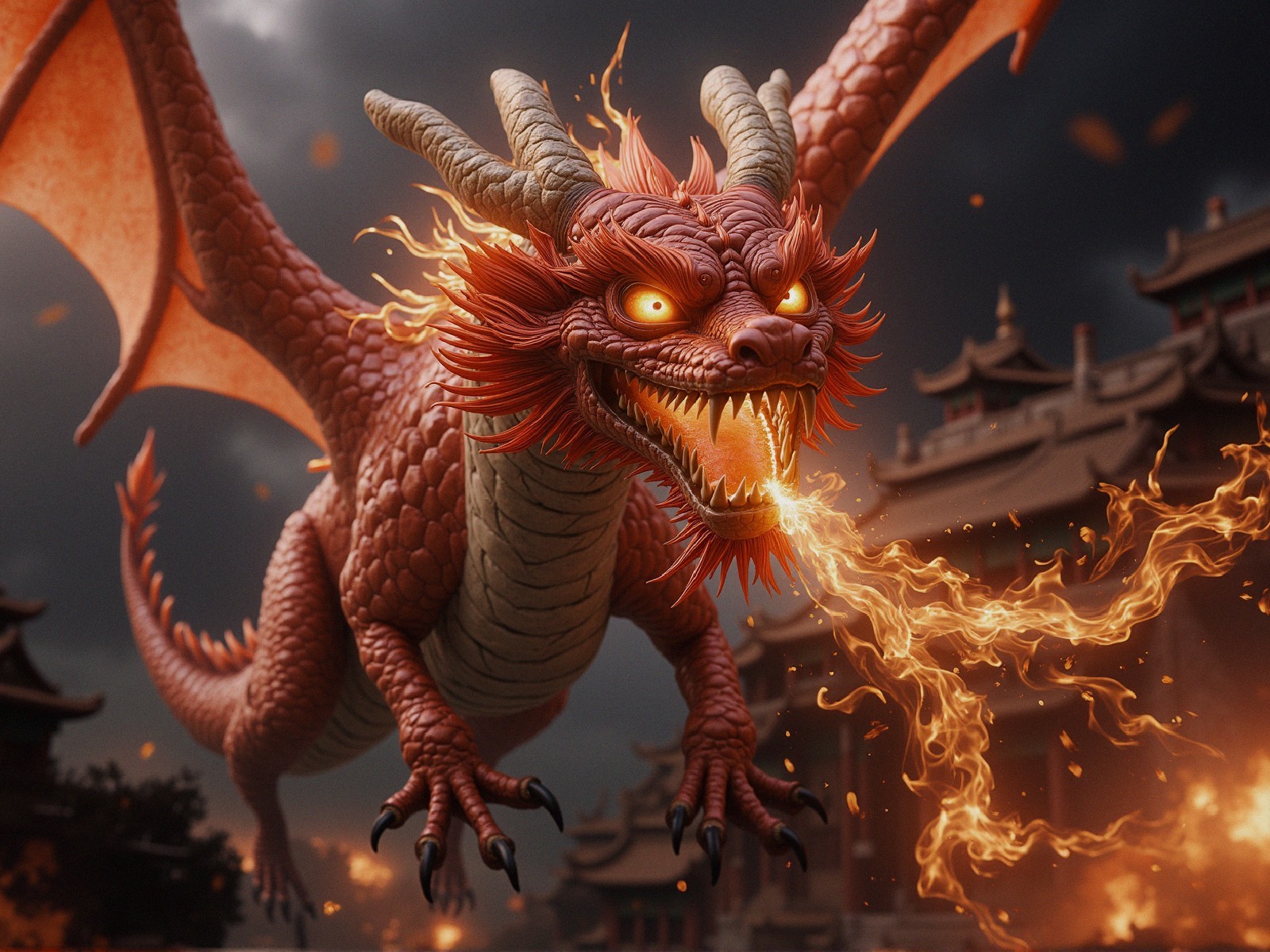 Red Dragon Flying in Stormy Sky with Asian Architecture