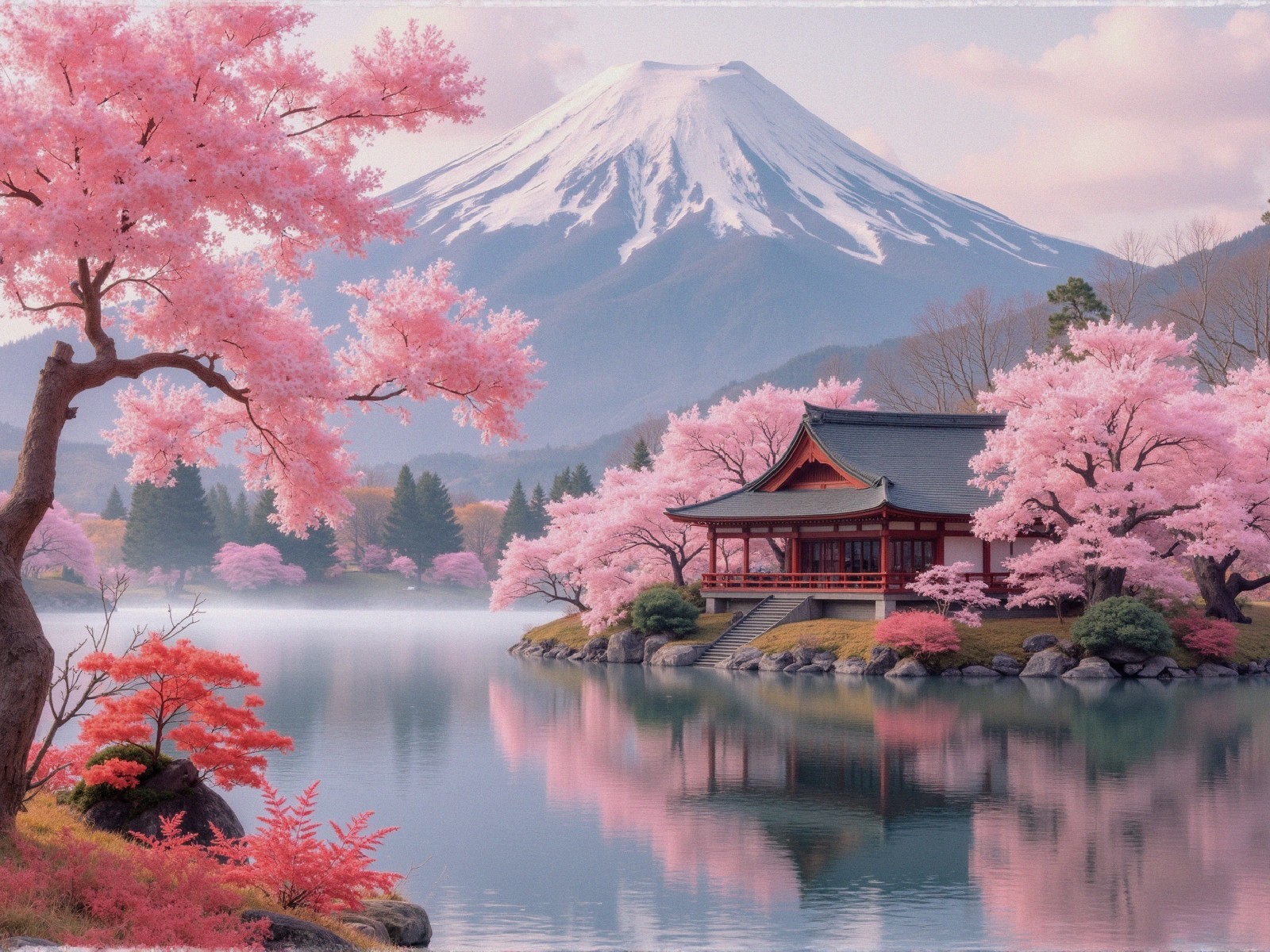 Mount Fuji and Cherry Blossoms by Tranquil Lake