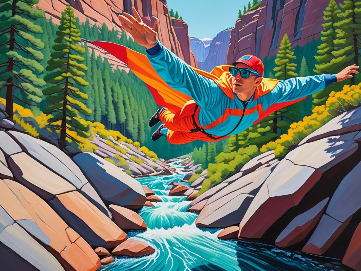 Colorful superhero soaring over a picturesque canyon
