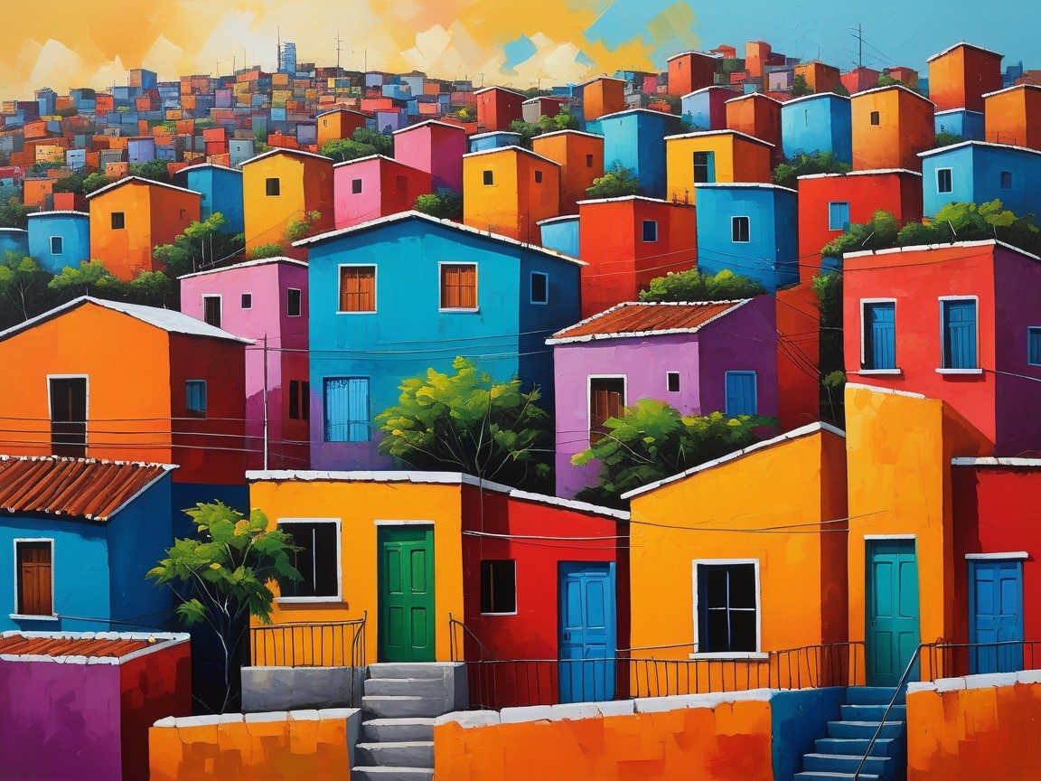 Colorful hillside houses with vibrant city backdrop