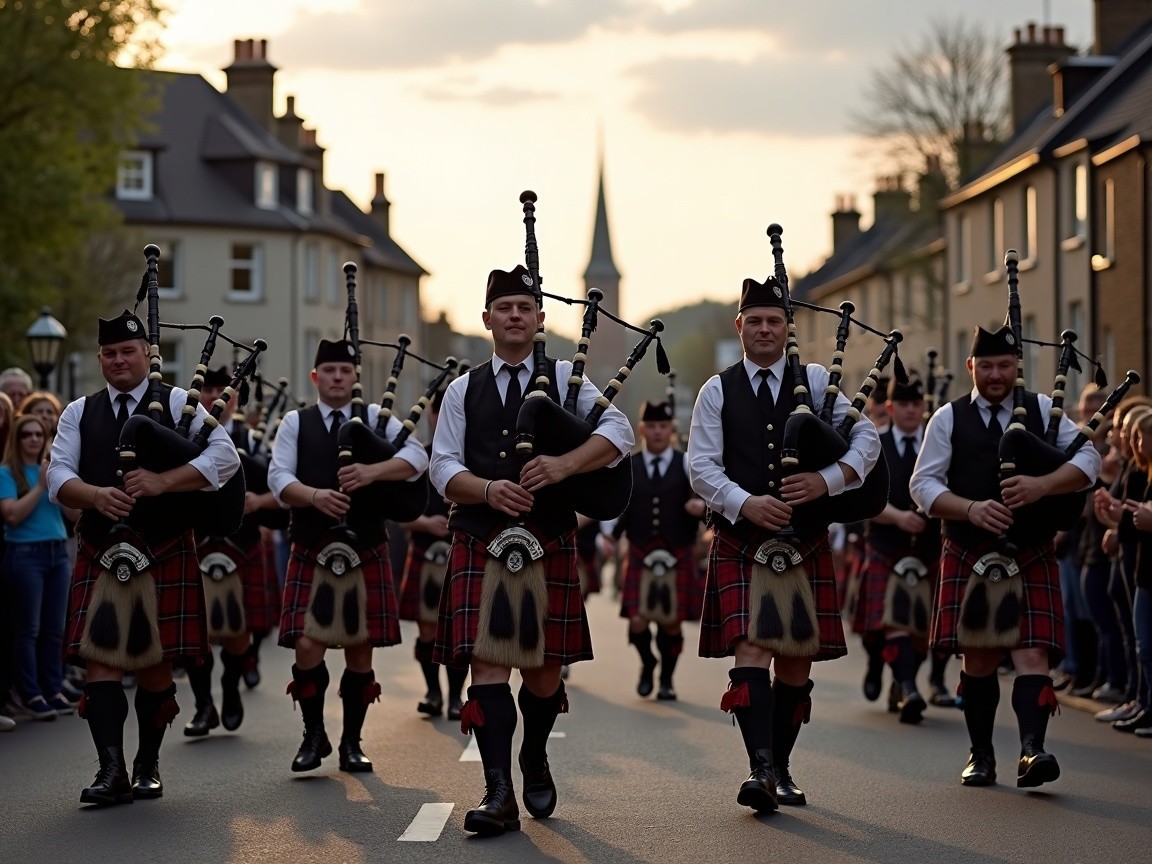 Scottish Bagpipers in Traditional Attire Parade