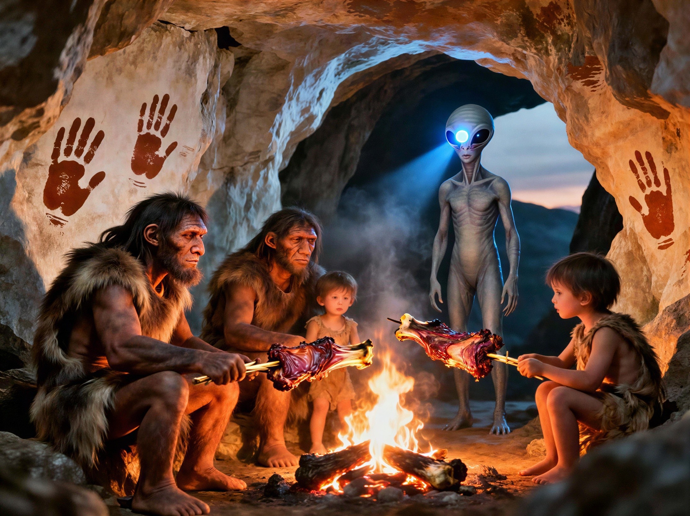 Neanderthal Family Cooking in Cave with Alien Observer