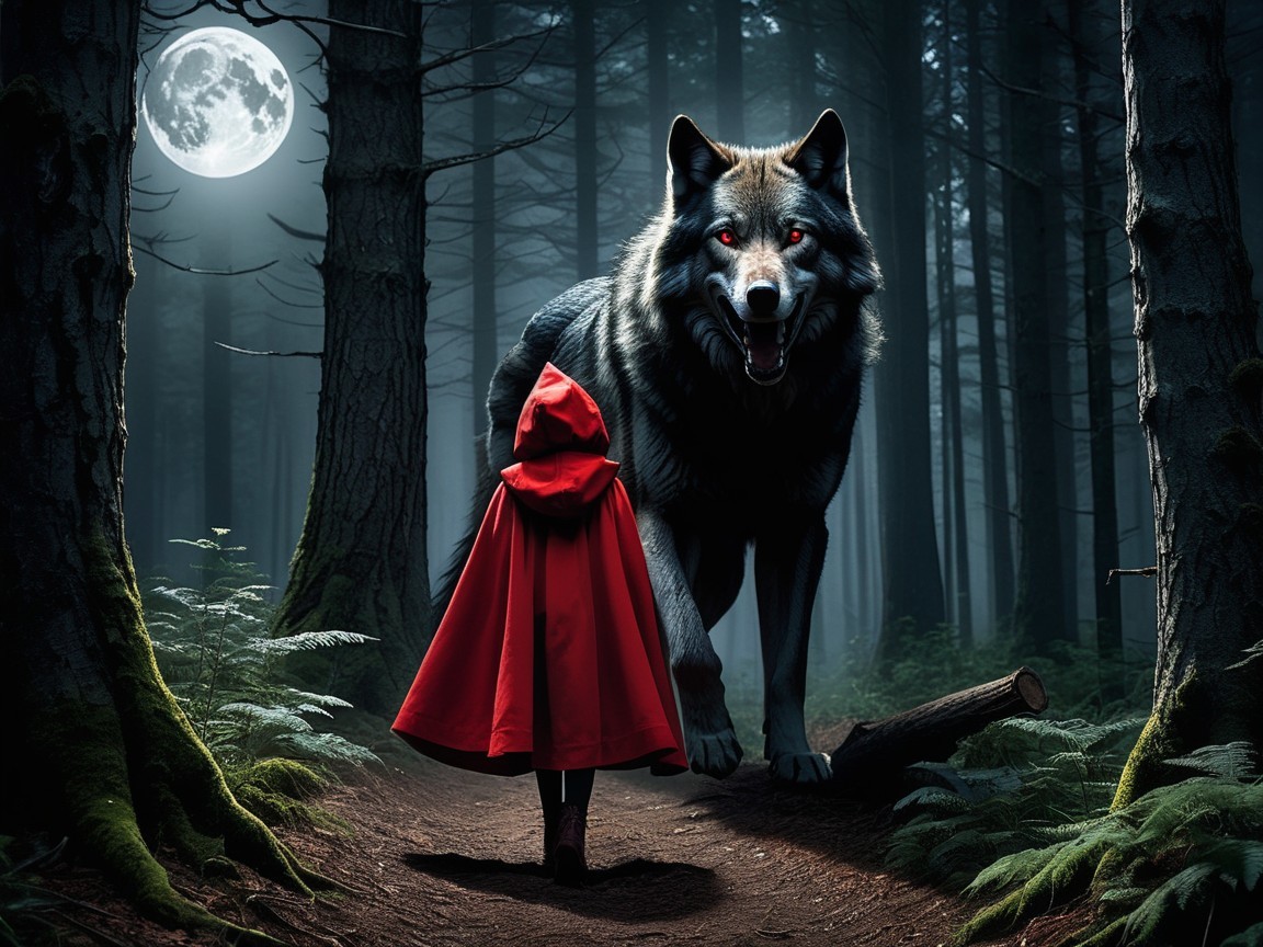 Enchanted forest scene with cloaked figure and wolf