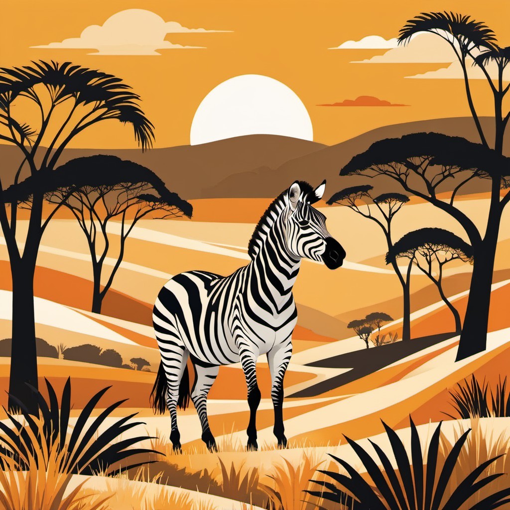 Stylized Zebra in Vibrant Sunset Landscape