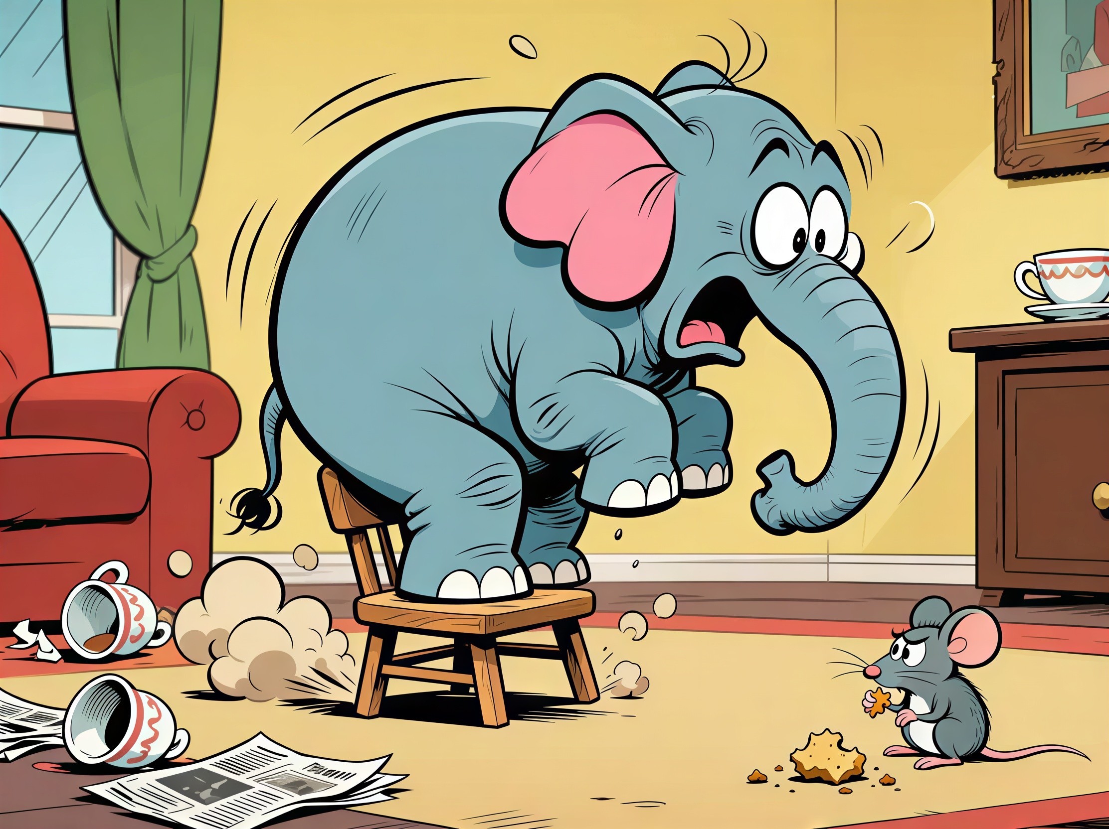 Scared blue elephant on stool with grey mouse nearby