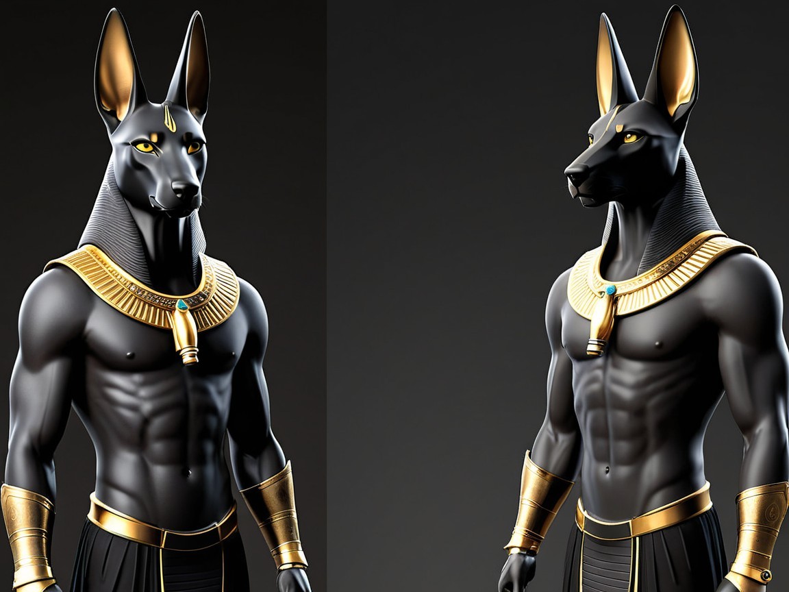 Stylized Anubis-like Deity with Gold Jewelry
