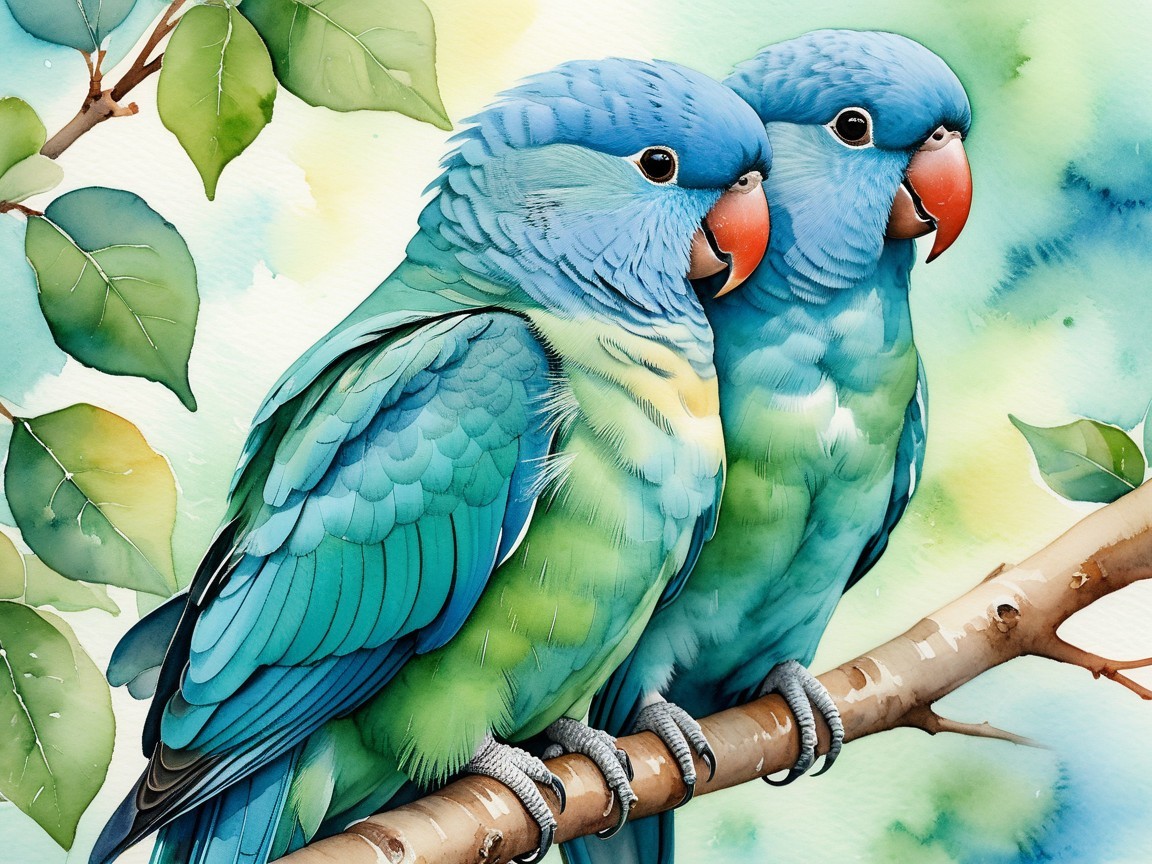 Vibrant Blue and Green Parrots on a Branch