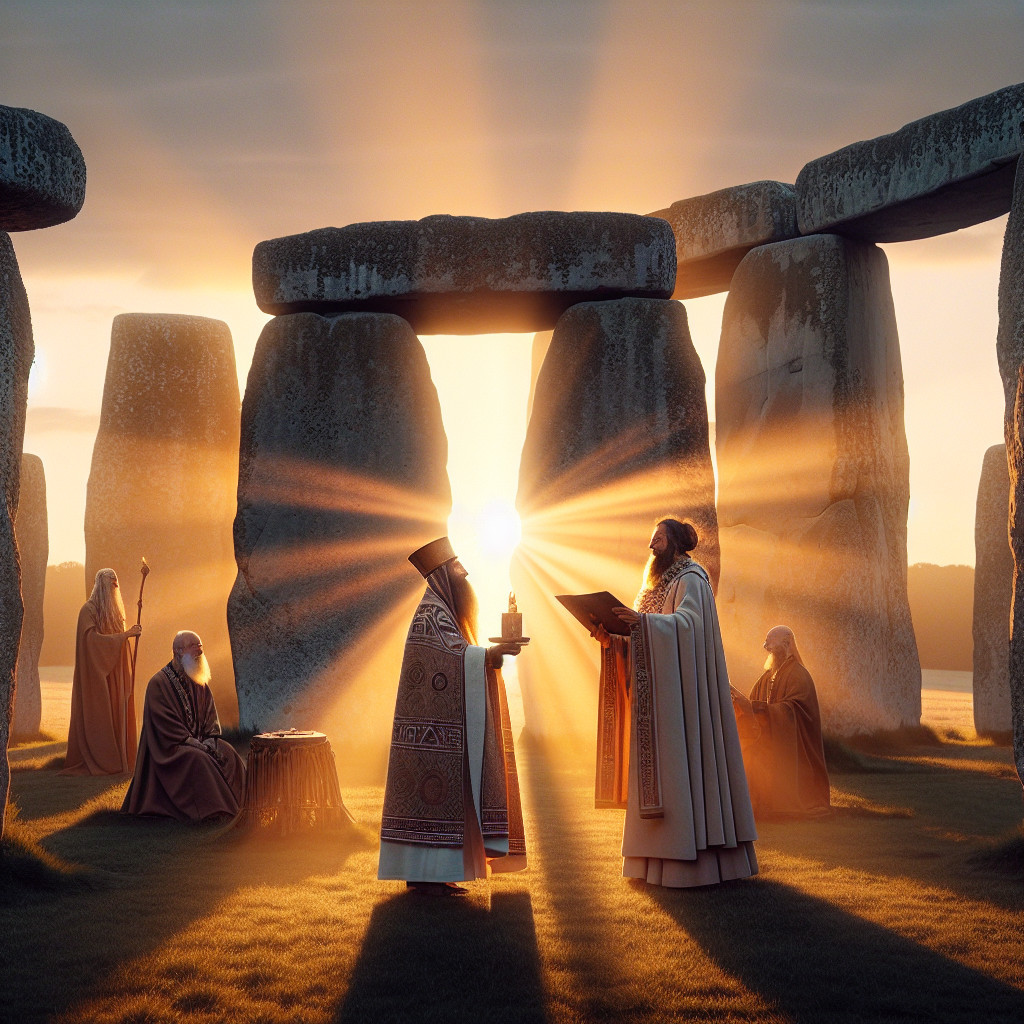 Ceremonial Figures at Stonehenge in Sunlit Rituals