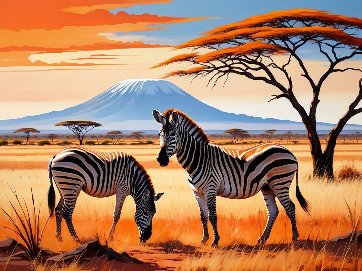 Zebras Grazing in a Sunset Savanna Landscape