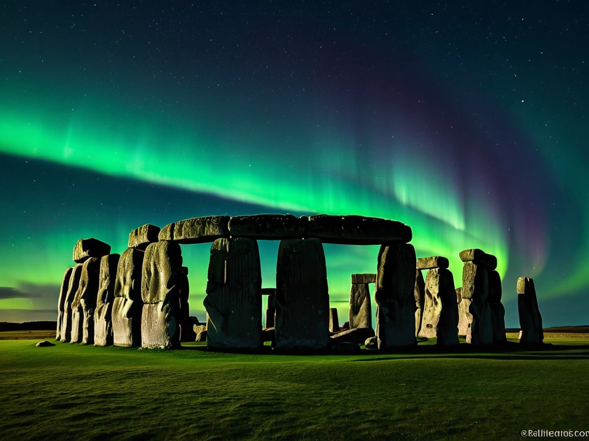 Stonehenge Under Aurora Borealis at Night