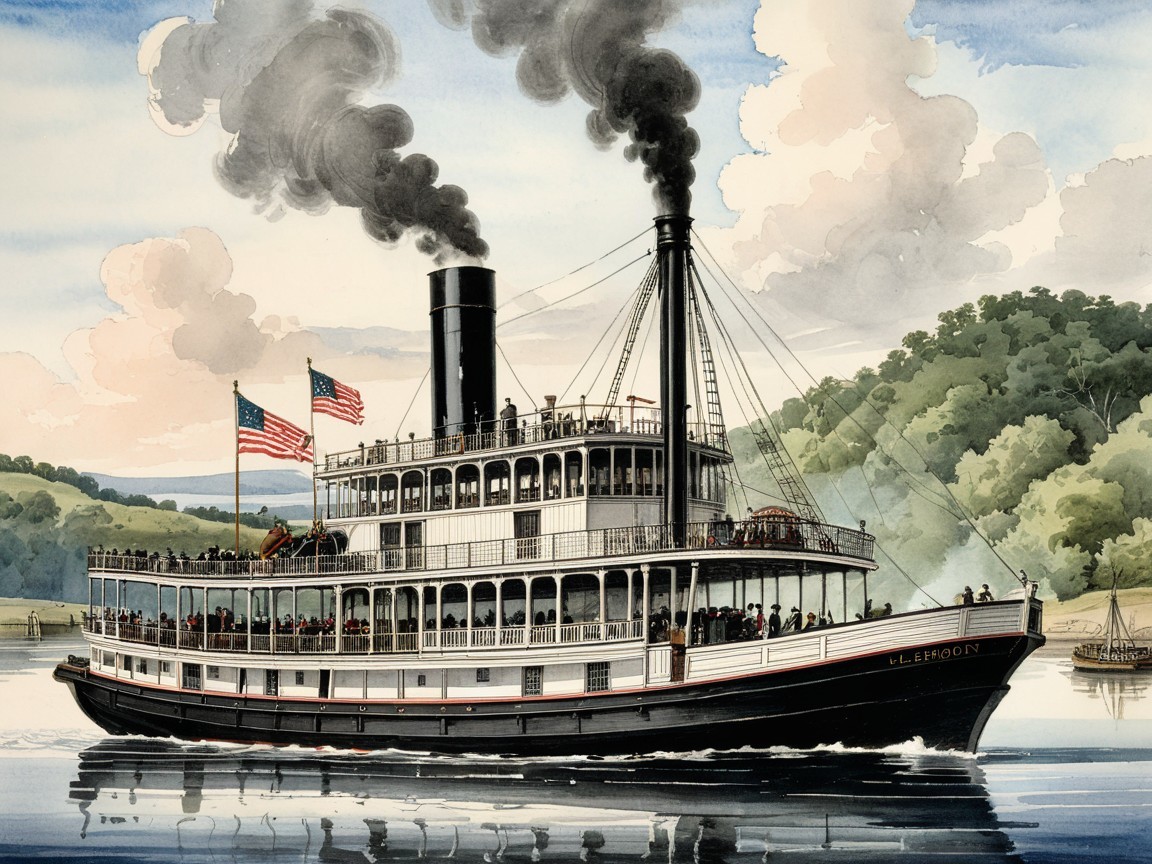 Historic Steamboat Navigating River with Passengers