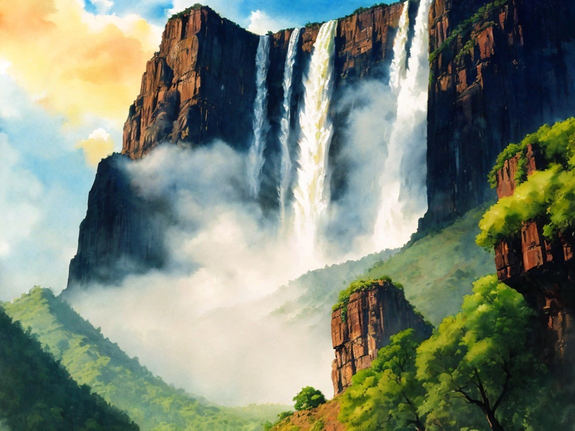 Towering Mountain with Cascading Waterfalls and Greenery