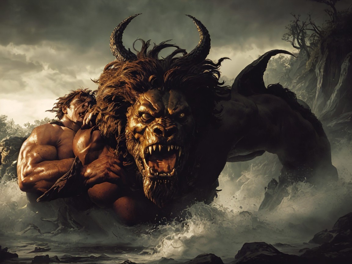 Lion-Warrior Creature Emerges from Stormy Waves