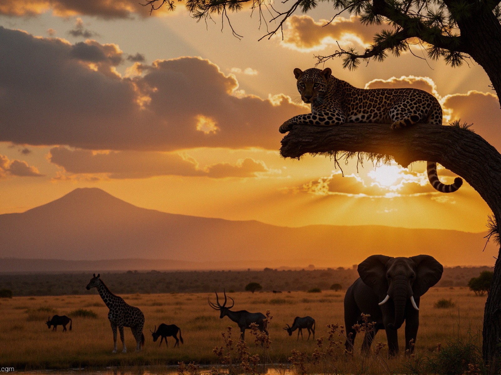 Sunset Over Savannah with Wildlife and Mountains
