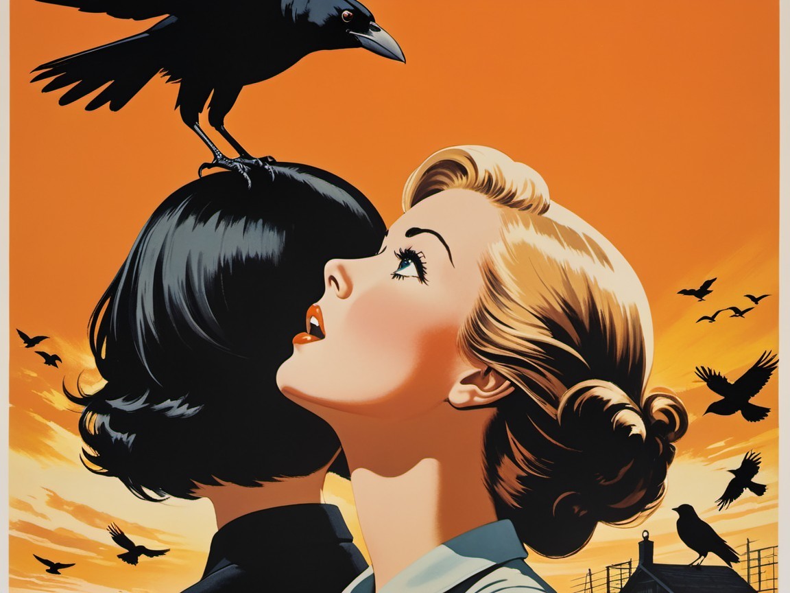 Woman in Awe with Raven Against Orange Sunset