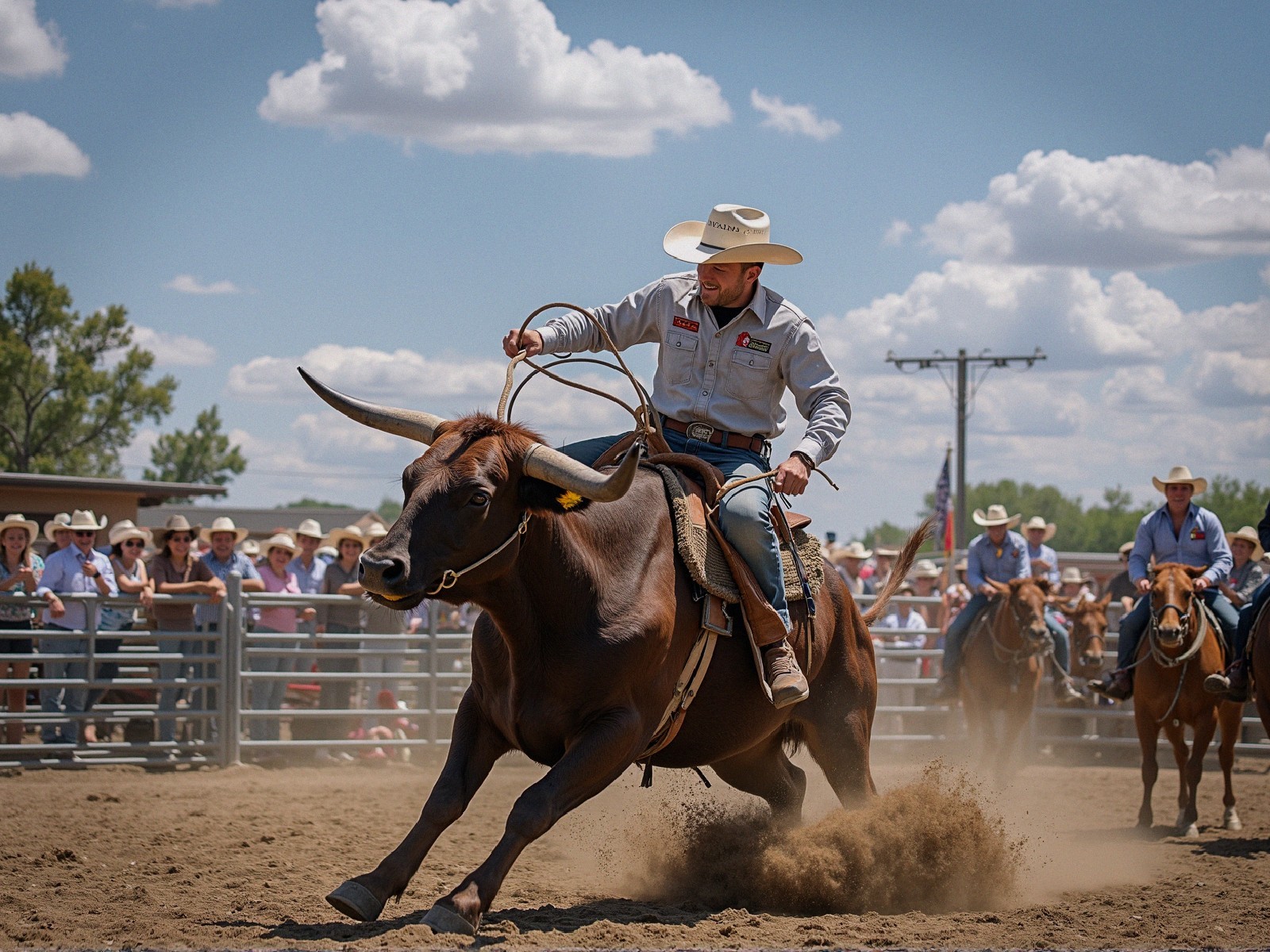Cowboy Riding Bucking Bull in Lively Rodeo Scene
