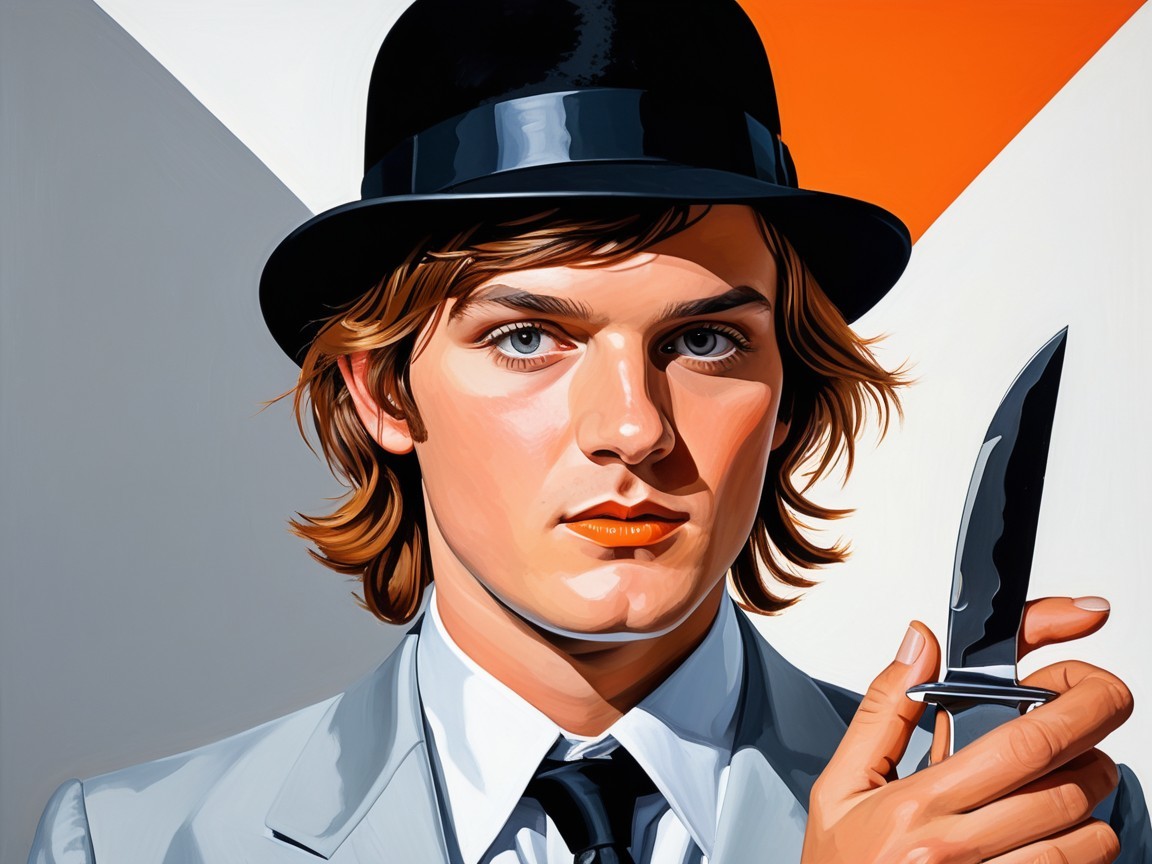 Young man in gray suit and bowler hat with knife