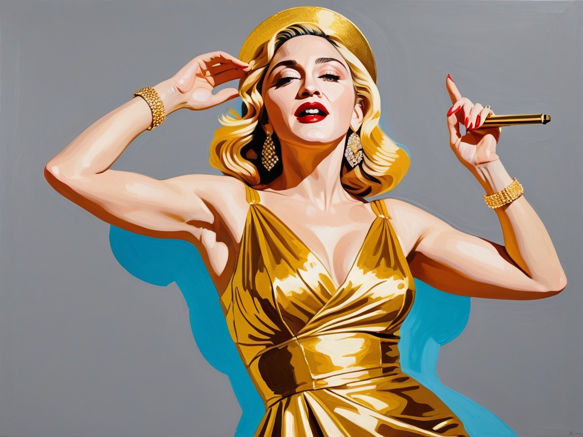 Glamorous Figure in Golden Dress with Microphone