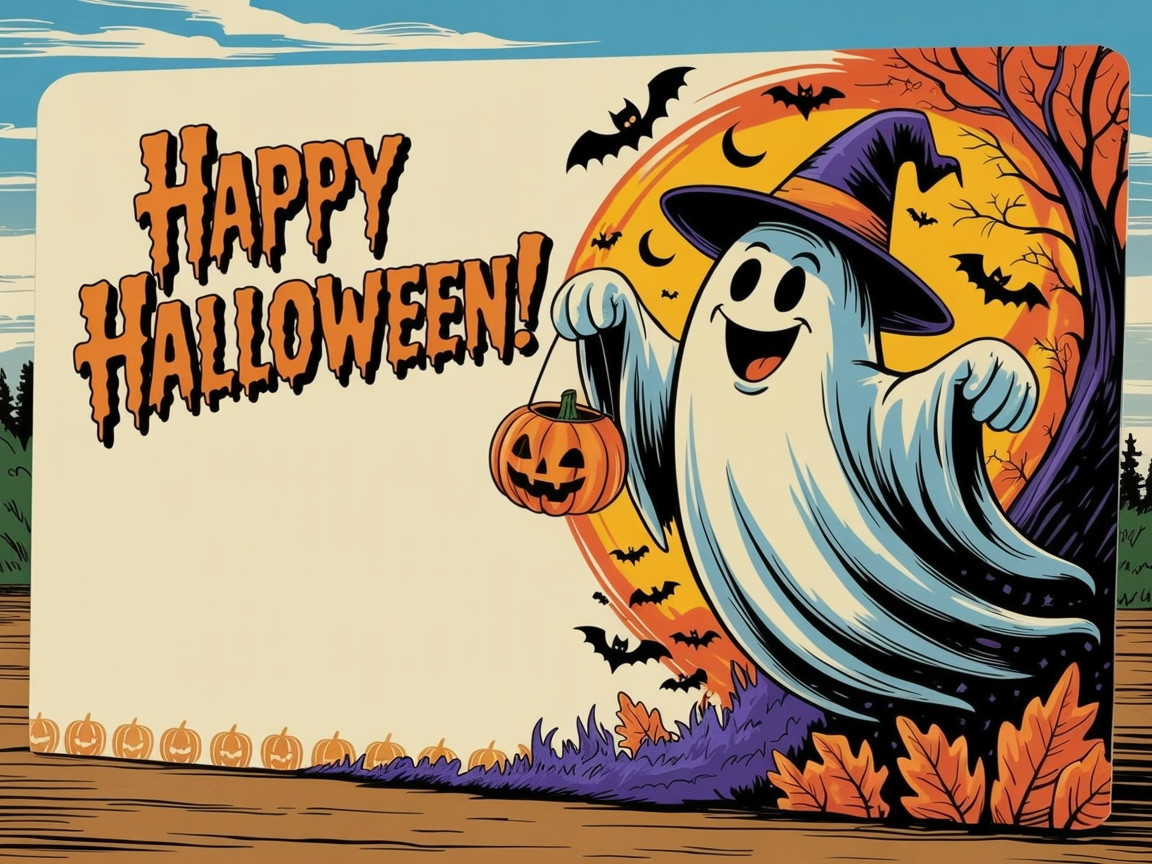 Cheerful ghost with pumpkin and Halloween decorations