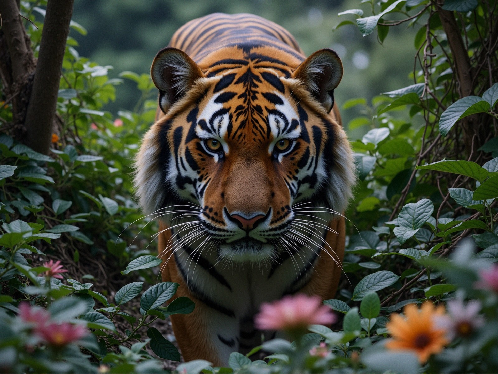 Majestic tiger in lush green environment with flowers