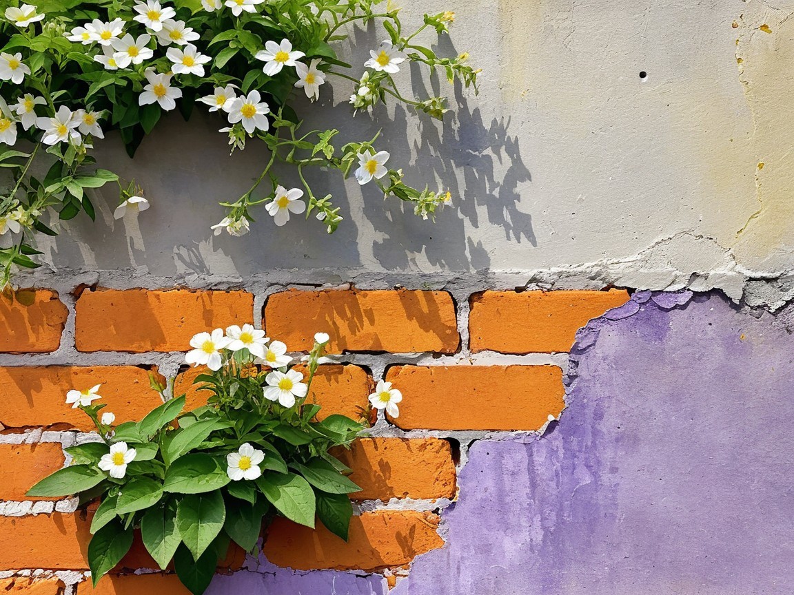 White Flowers Against Textured Grey and Purple Wall