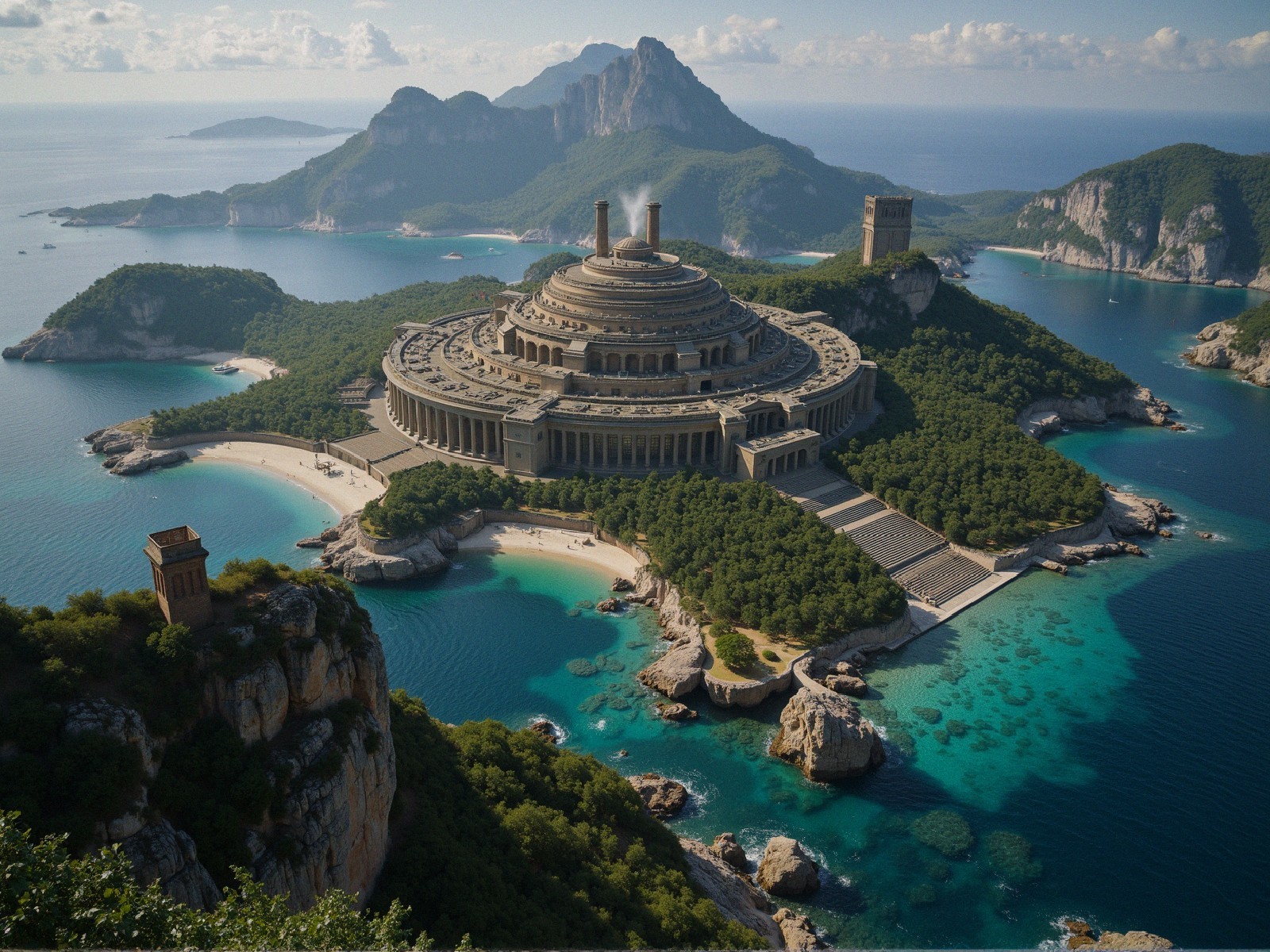 Futuristic Structure on a Lush Green Island Landscape