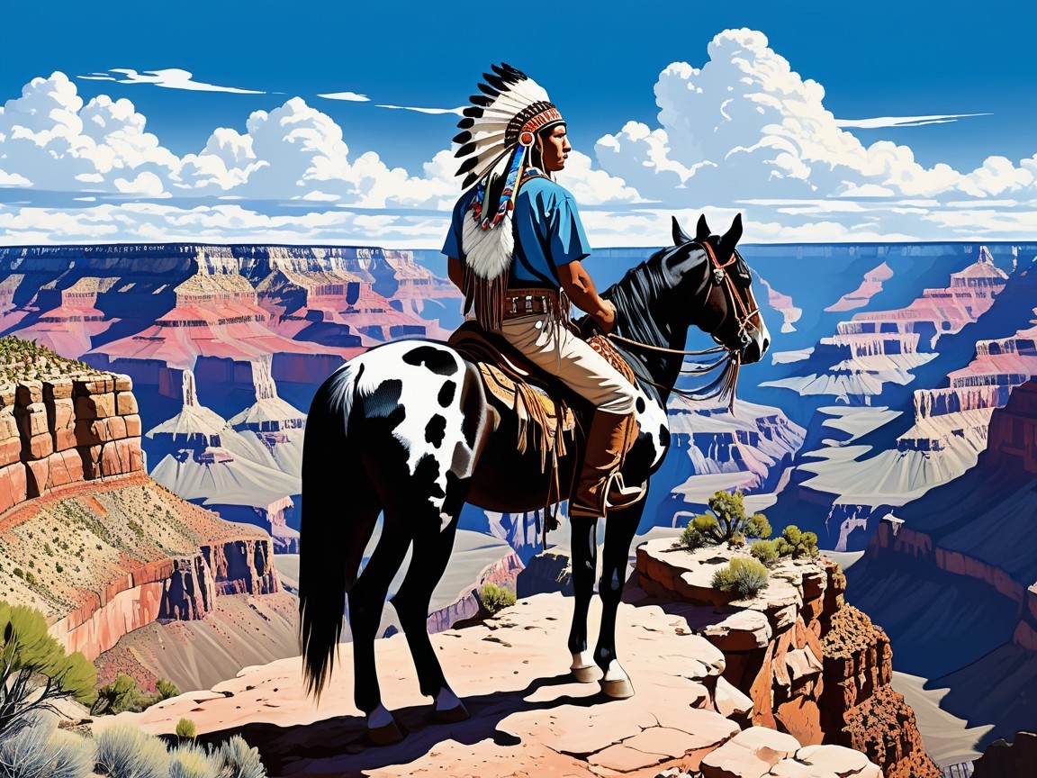 Native American Warrior Overlooking Grand Canyon景色