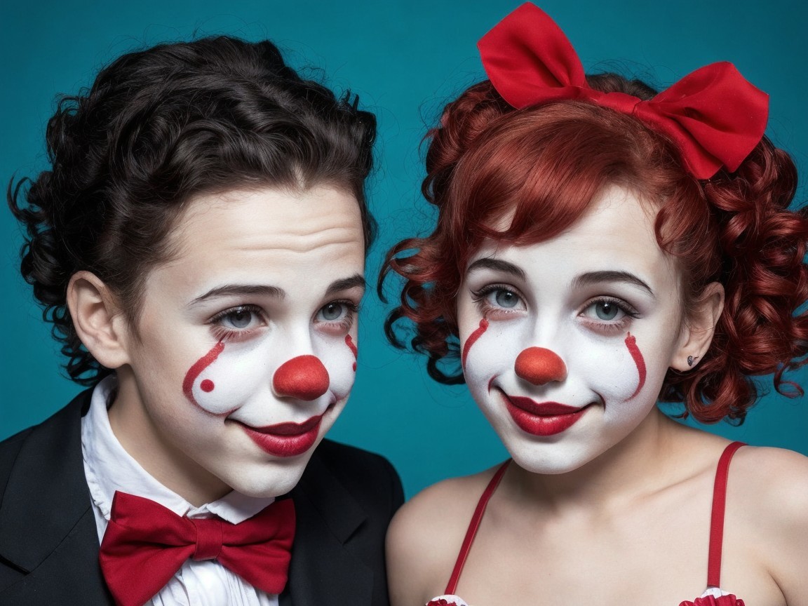 Playful Young Clowns with Colorful Costumes and Face Paint