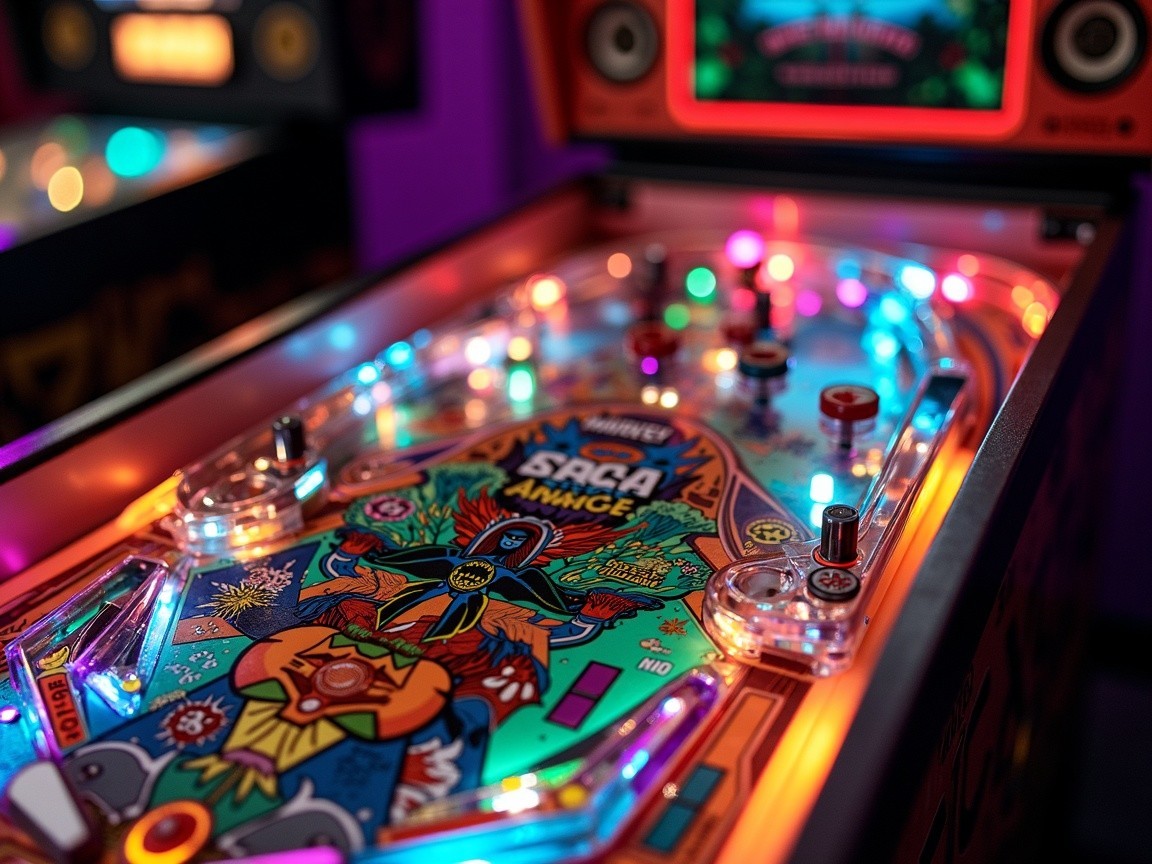 Vibrant Pinball Machine with Colorful Artwork and Lights