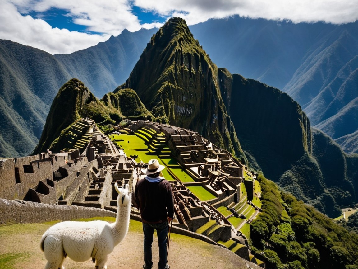 Person on Rocky Outcrop Overlooking Machu Picchu Ruins