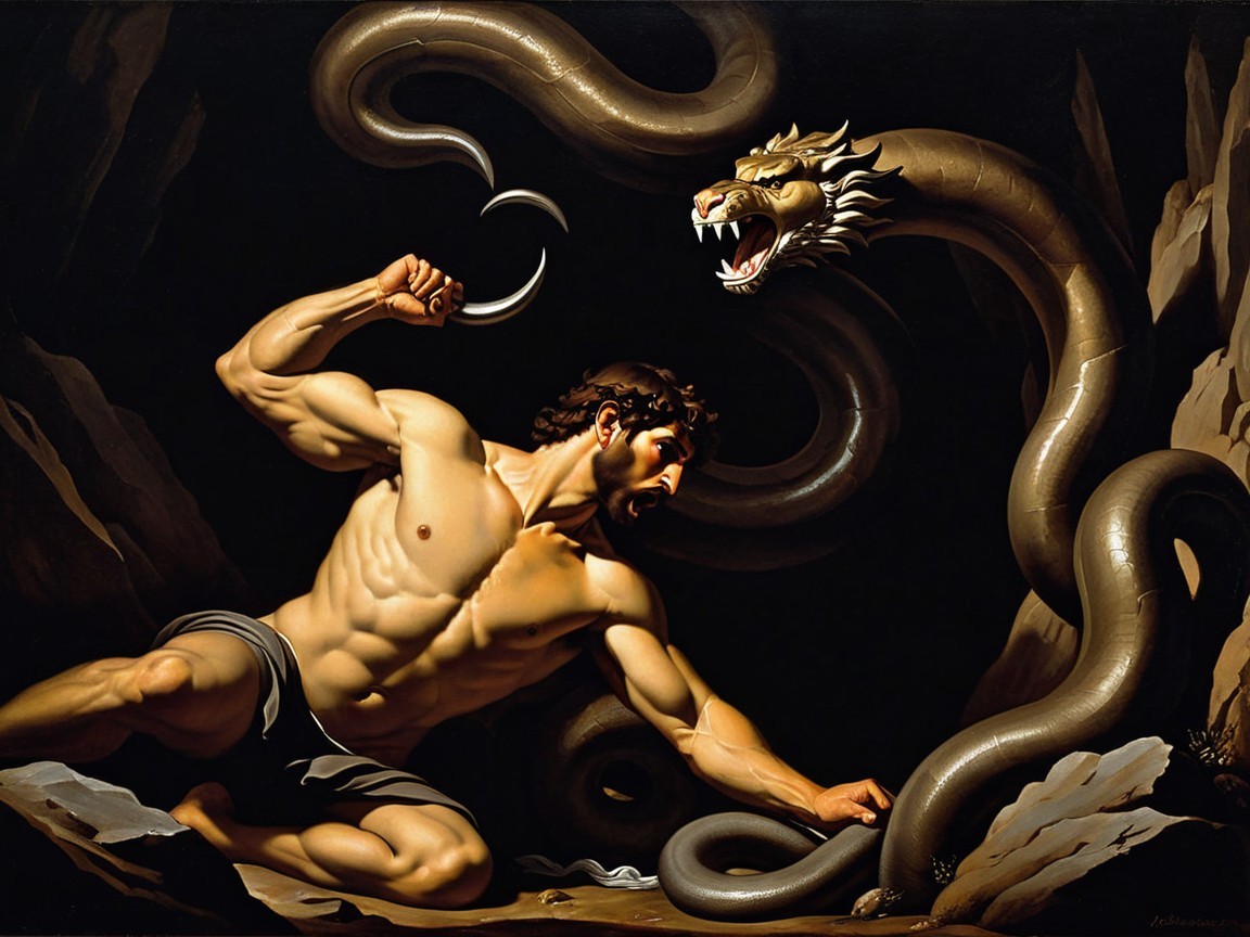 Muscular Hero Battles Menacing Serpent in Dark Terrain