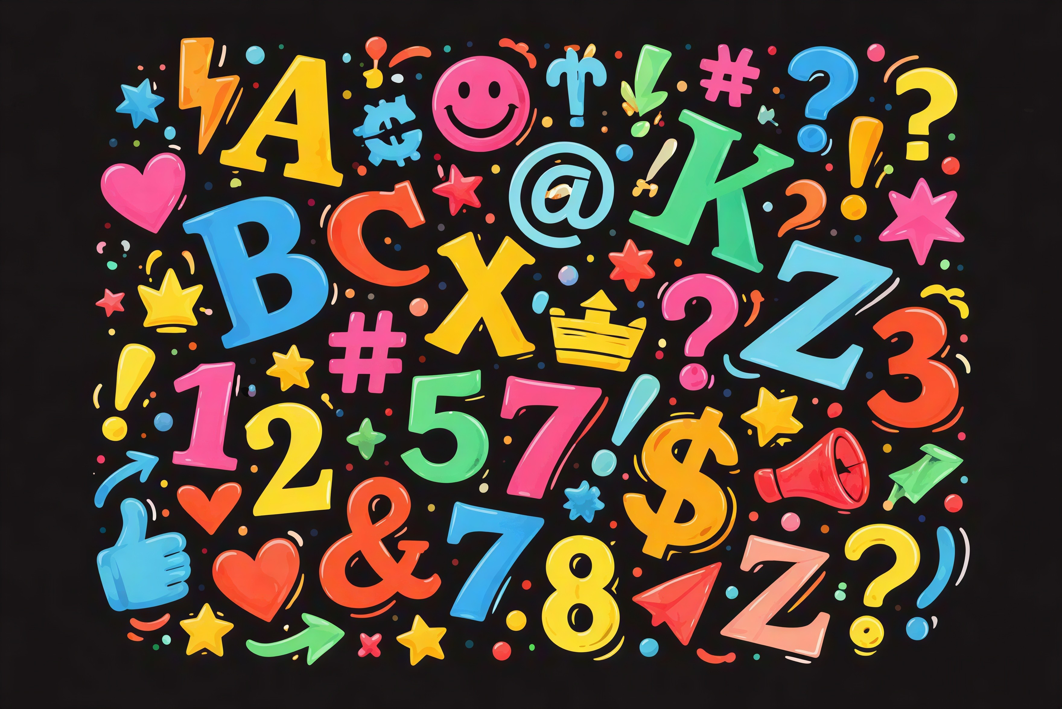 Colorful Alphabet and Symbols Illustration on Black Background