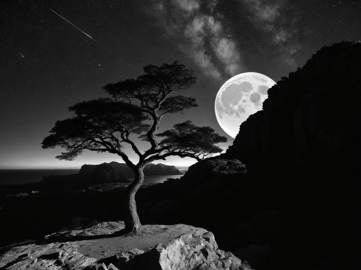 Solitary Tree on Rocky Outcrop Under Full Moon