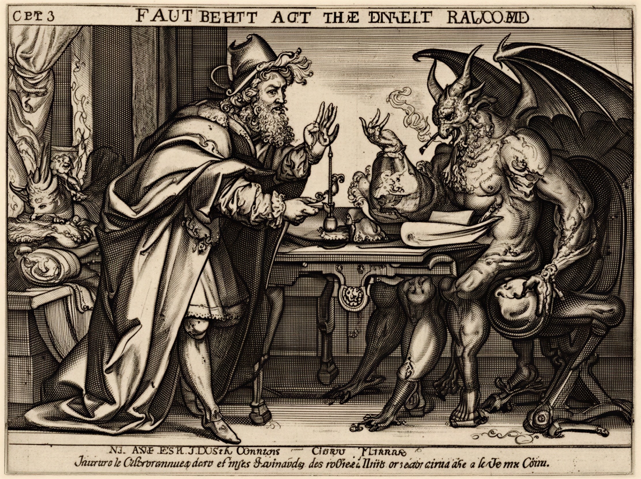Engraving of a man and a monster at a table