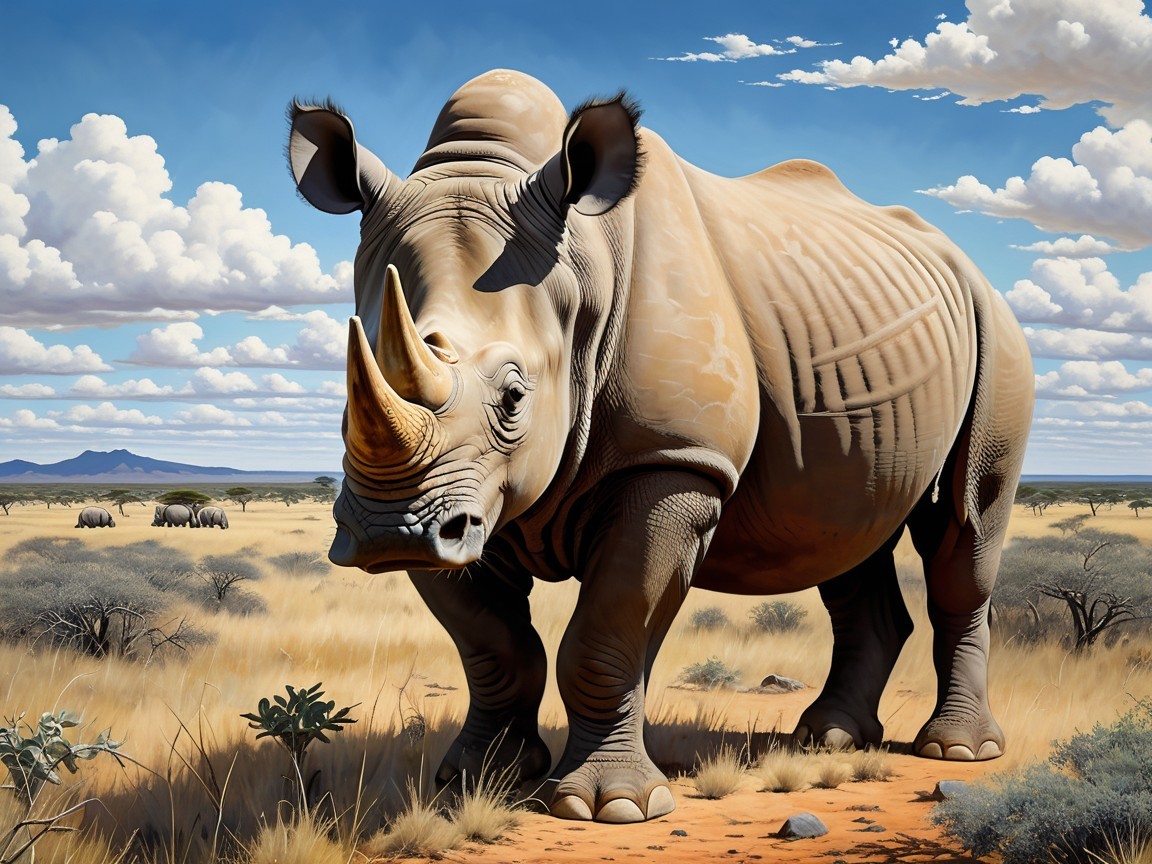 Rhinoceros in a Vast Savannah Landscape with Hills