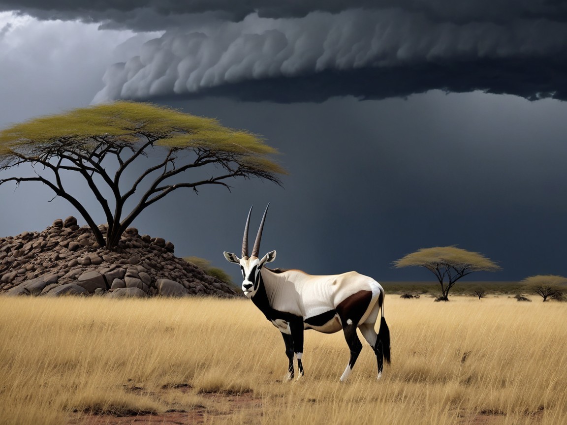 Majestic oryx in a savannah with dramatic sky