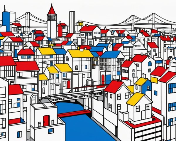 Colorful Hand-Drawn Urban Landscape with Canal and Bridge