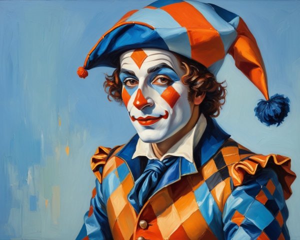 Vibrant Clown Portrait with Harlequin Outfit and Hat