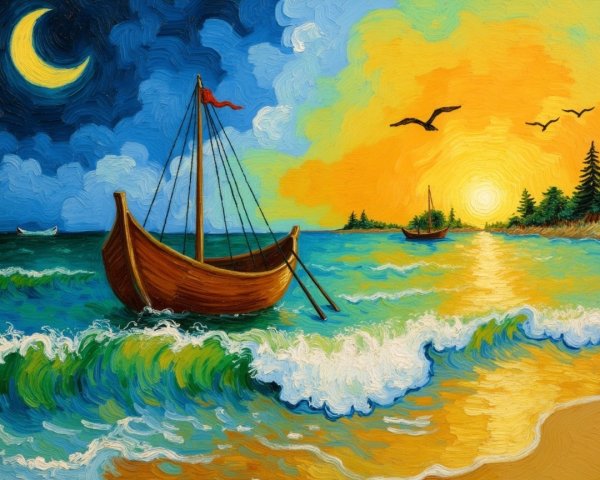 Vibrant Seascape with Boat, Sunset, and Moon