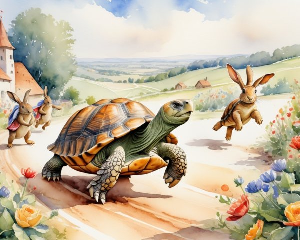 Tortoise and Rabbits Race in Whimsical Landscape