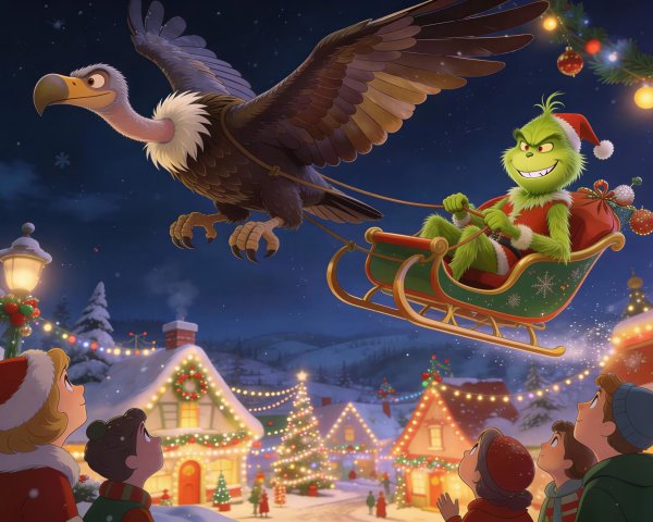 Grinch in Santa Suit Riding Sleigh Over Snowy Village