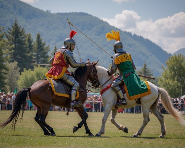 Medieval Jousting Match with Armored Knights and Horses