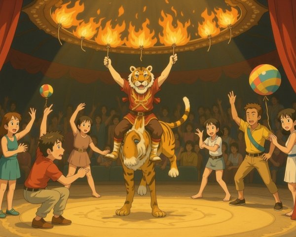 Circus Scene with Cheerful Tiger and Audience Excitement
